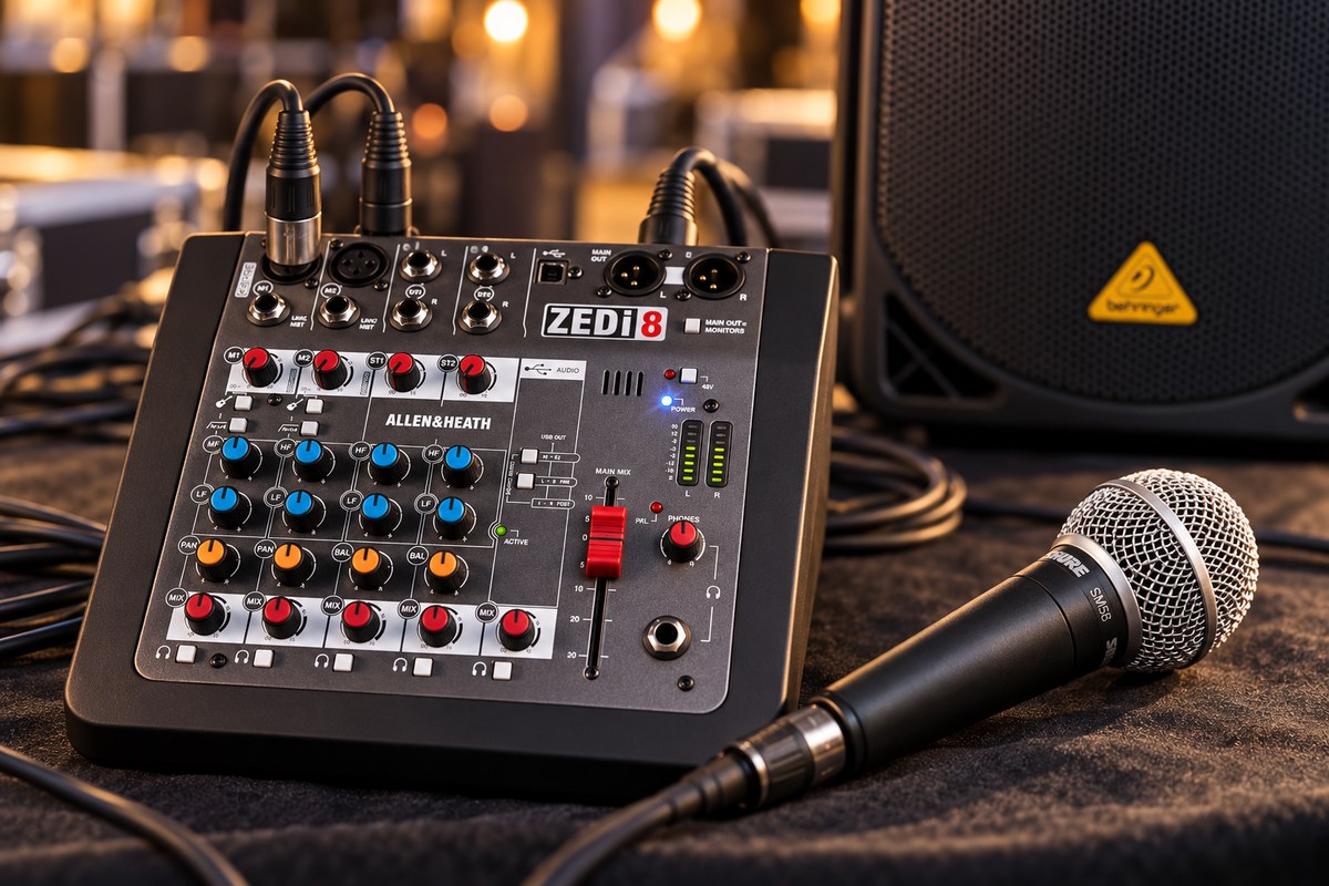 Illustrative close-up of the rental mixer and microphone ready for an event