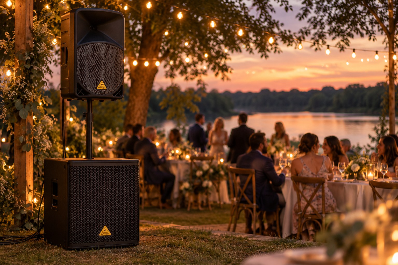 Illustration of a riverside wedding reception with a sound system at dusk